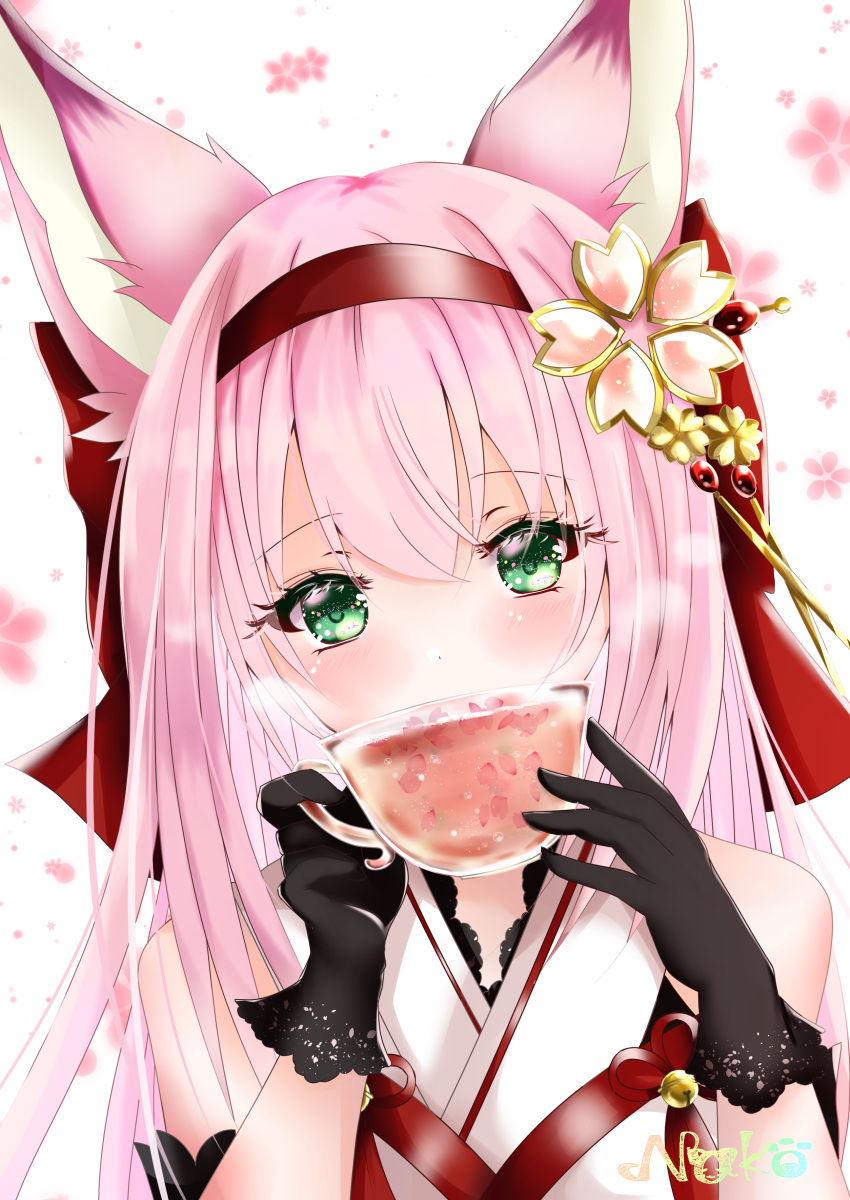 1girl, absurdres, animal_ears, artist_name, azur_lane, bare_shoulders, black_gloves, cup, eyebrows_visible_through_hair, gloves, green_eyes, hair_between_eyes, hair_ornament, hairband, hanazuki_(azur_lane), highres, holding, holding_cup, long_hair, looking_at_viewer, nako_nya, pink_hair, red_hairband, sakura_empire_(emblem), simple_background, solo, tea, teacup, upper_body