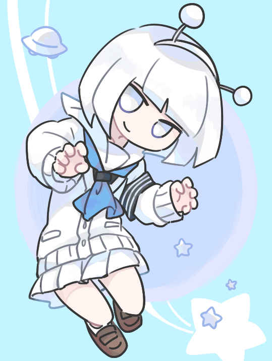 1girl, blue_neckwear, fake_horns, horns, kuramori_(mg_kura), kuruhoshi_nayu, light_blue_eyes, loafers, long_sleeves, neckerchief, pose, school_uniform, shoes, skirt, solo, ufo, white_hair, white_legwear, white_skirt, youkai_watch_jam:_youkai_gakuen_y