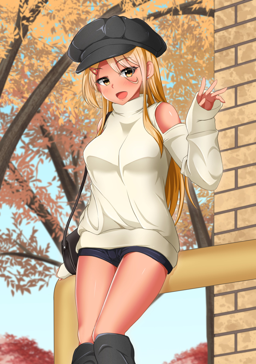 1girl, absurdres, bag, bare_shoulders, blonde_hair, building, cabbie_hat, commentary_request
