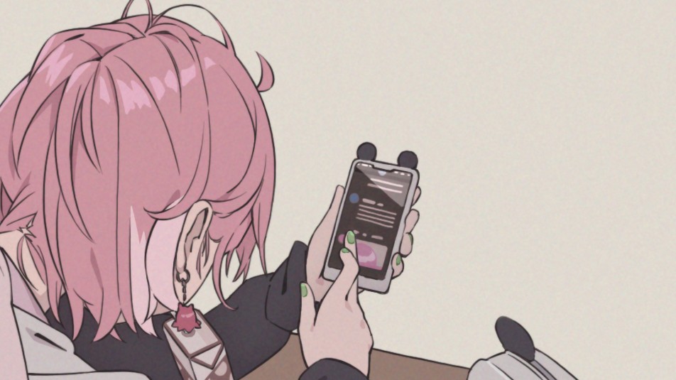 1girl, black_jacket, brown_background, cellphone, earrings, facing_away, green_nails, hands_up
