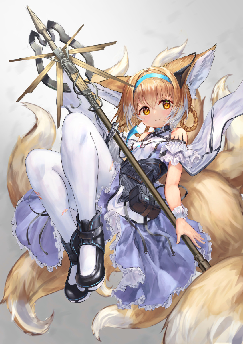 1girl, absurdres, animal_ears, arknights, bare_shoulders, black_footwear, blonde_hair, blue_dress
