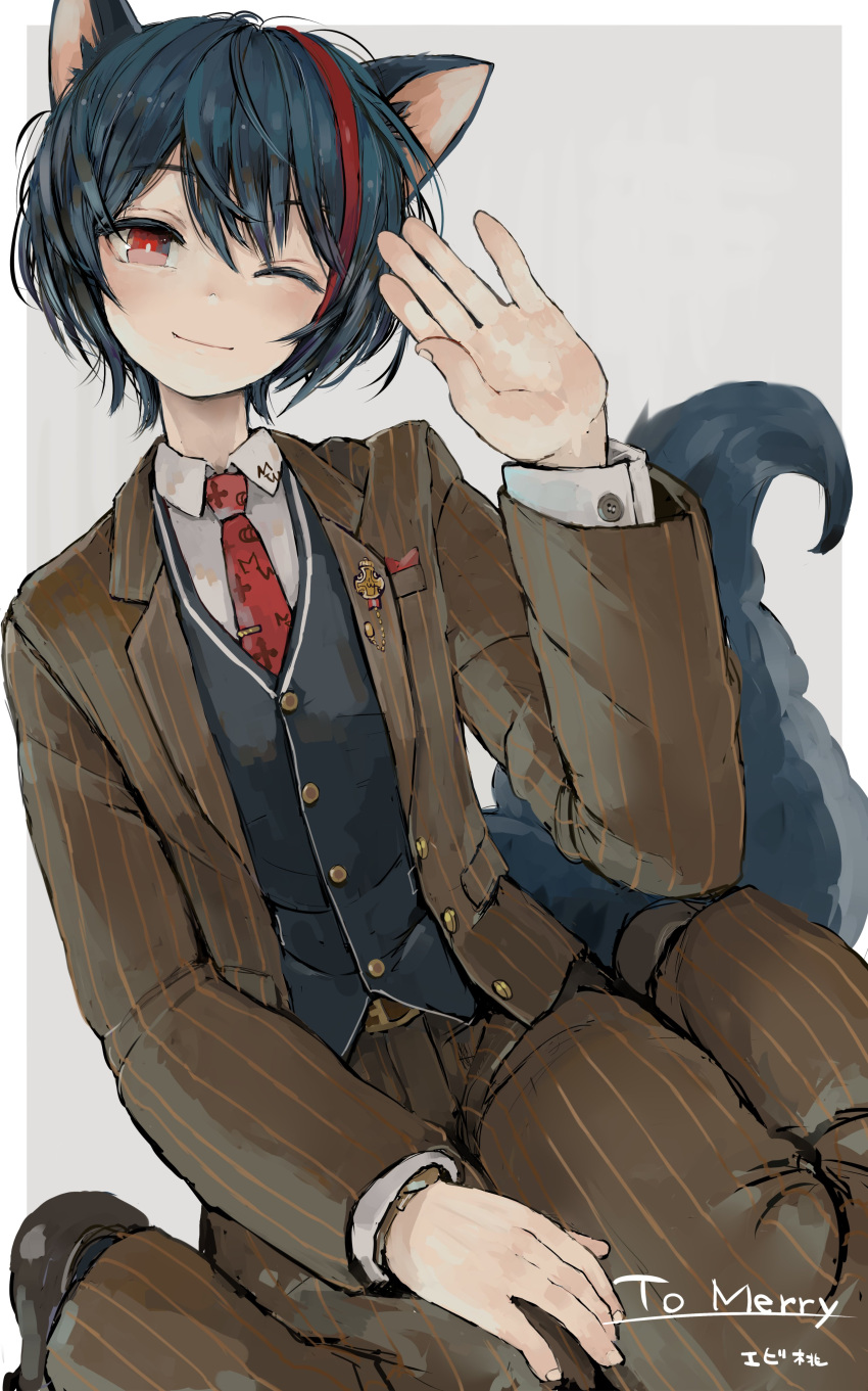 1boy, absurdres, animal_ears, black_vest, blue_hair, bright_pupils, closed_mouth, dog_boy, dog_ears, dog_tail, dutch_angle, ebimomo, formal, hand_up, head_tilt, highres, indie_virtual_youtuber, jacket, light_smile, male_focus, merry_(vtuber), multicolored_hair, necktie, one_eye_closed, pants, red_eyes, red_neckwear, redhead, shirt, sitting, solo, streaked_hair, suit, tail, vest, virtual_youtuber, wariza, white_pupils, white_shirt