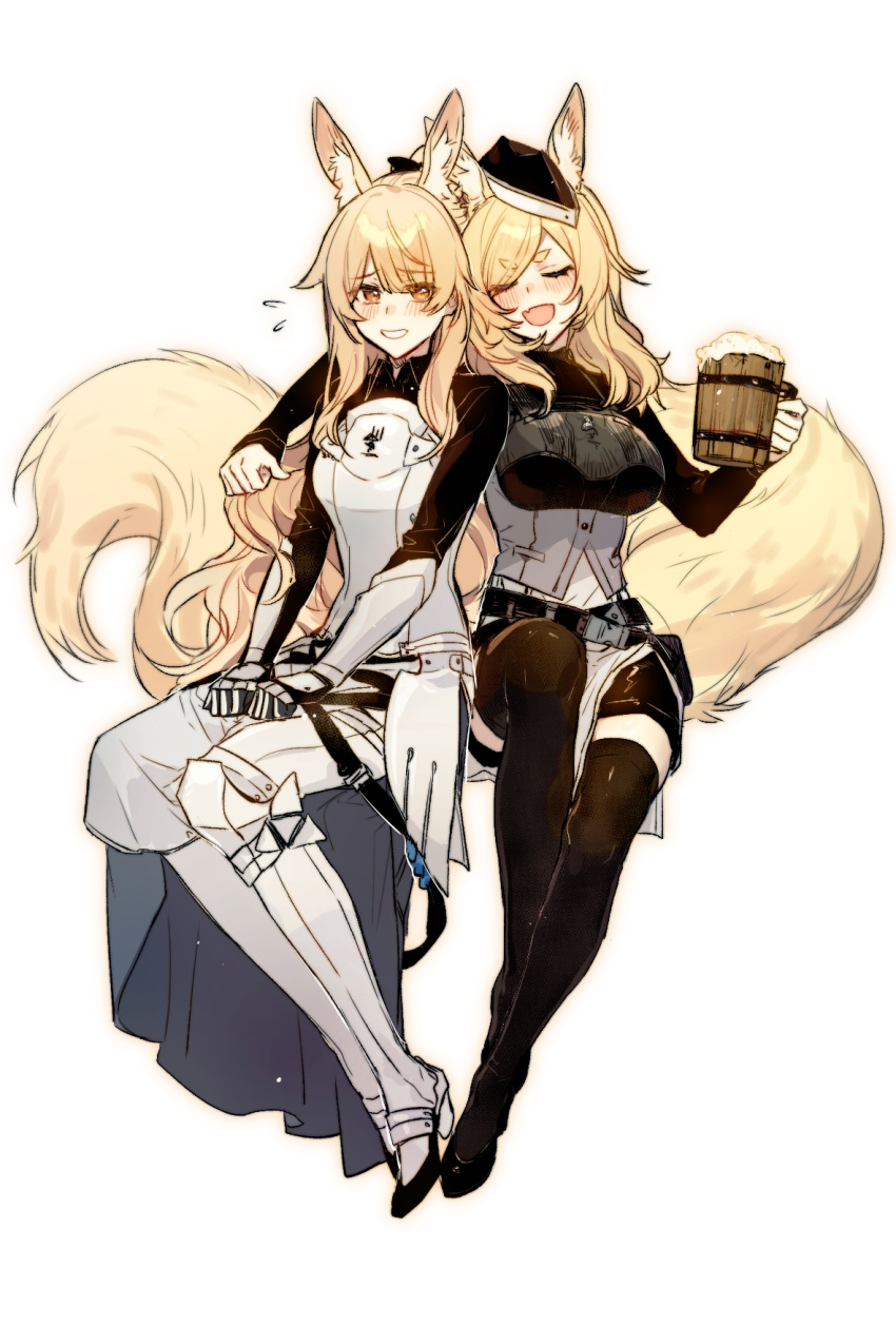 2girls, alcohol, animal_ear_fluff, animal_ears, arknights, arm_around_shoulder, armor, armored_boots