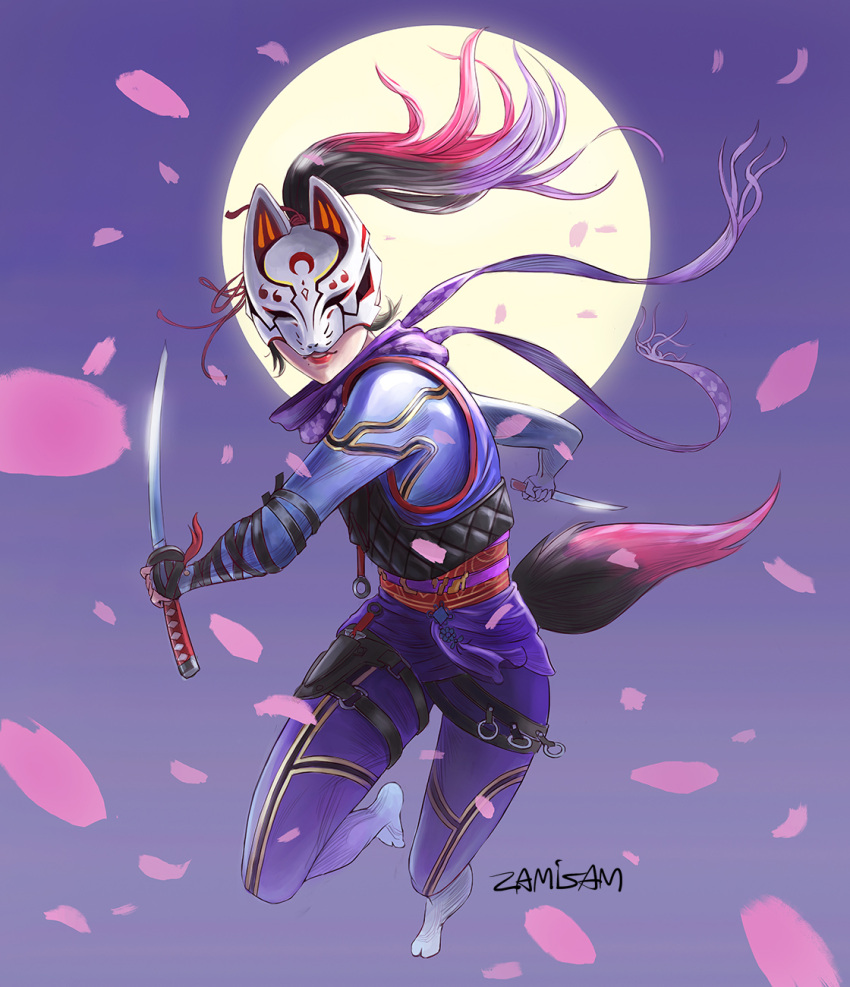 1girl, black_hair, bodysuit, commission, covered_eyes, dagger, dual_wielding, facing_viewer