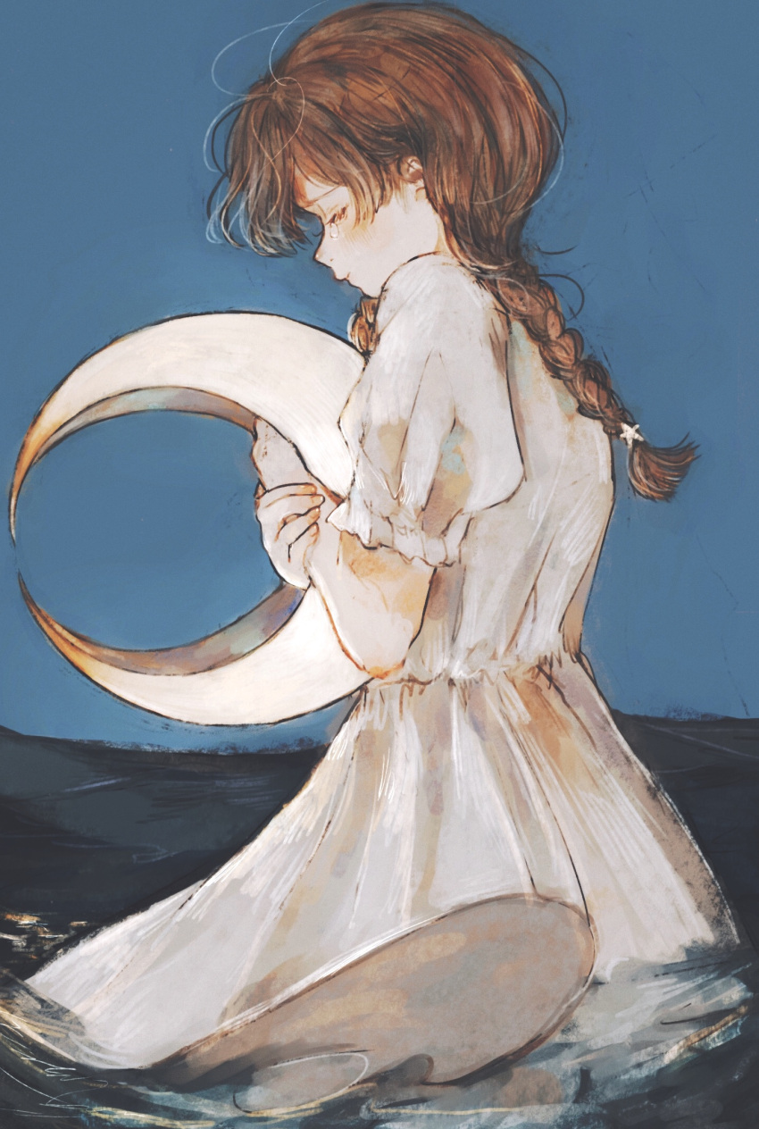 1girl, blue_background, braid, brown_hair, closed_eyes, commentary_request, cowboy_shot, crescent_moon