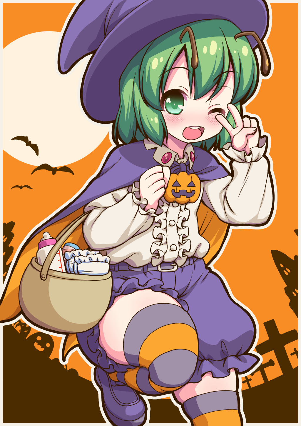1girl, antennae, baby_bottle, bangs, bat, blouse, blush, border, bottle, cape, cloak, collared_blouse, commentary_request, cowboy_shot, cross, diaper, emina, eyebrows_visible_through_hair, frilled_blouse, green_eyes, green_hair, hair_between_eyes, halloween, halloween_bucket, hat, highres, jack-o'-lantern, leg_up, long_sleeves, looking_at_viewer, moon, one_eye_closed, open_mouth, orange_background, orange_cape, orange_sky, pumpkin, purple_cape, purple_footwear, purple_headwear, purple_shorts, shoes, short_hair, shorts, sky, solo, striped, striped_legwear, thigh-highs, tombstone, touhou, two-sided_cape, two-sided_fabric, upper_teeth, v, white_blouse, witch_hat, wriggle_nightbug