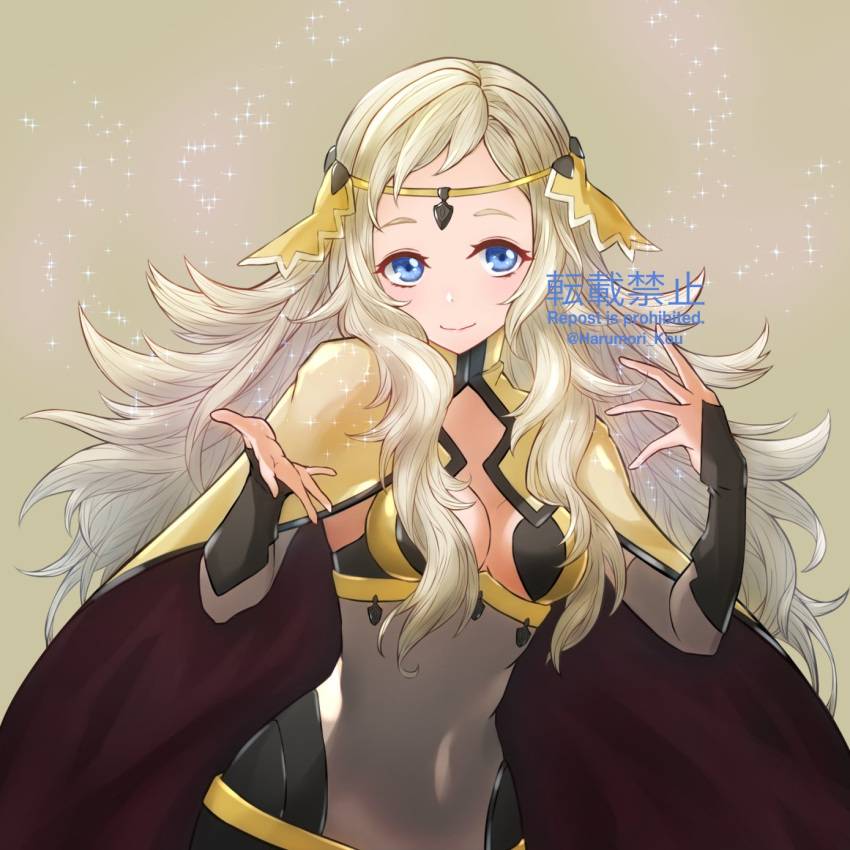 1girl, bikini, blonde_hair, blue_eyes, breasts, circlet, closed_mouth, cute, dark_mage_(fire_emblem_fates), fire_emblem, fire_emblem_14, fire_emblem_fates, fire_emblem_heroes, fire_emblem_if, harumori_kou, highres, intelligent_systems, long_hair, looking_at_viewer, medium_breasts, nintendo, ophelia_(fire_emblem), ophelia_(fire_emblem_if), outstretched_hand, shiny, simple_background, smile, sparkle, super_smash_bros.