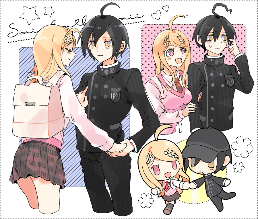 1boy, 1girl, :d, ahoge, akamatsu_kaede, backpack, bag, baseball_cap