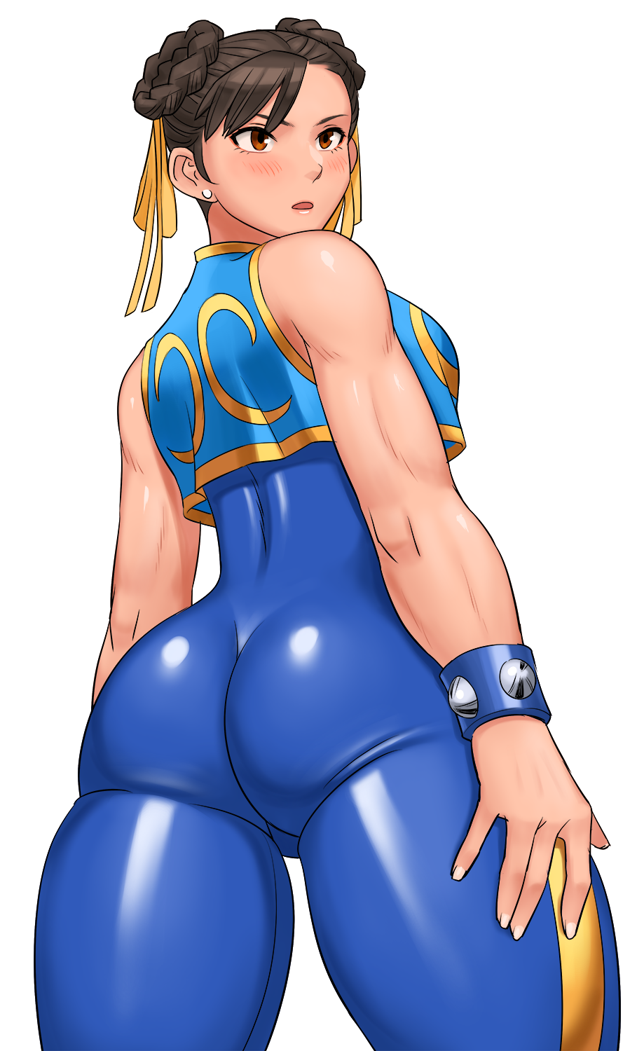 1girl, ass, biceps, blue_unitard, blush, breasts, brown_eyes, chun-li