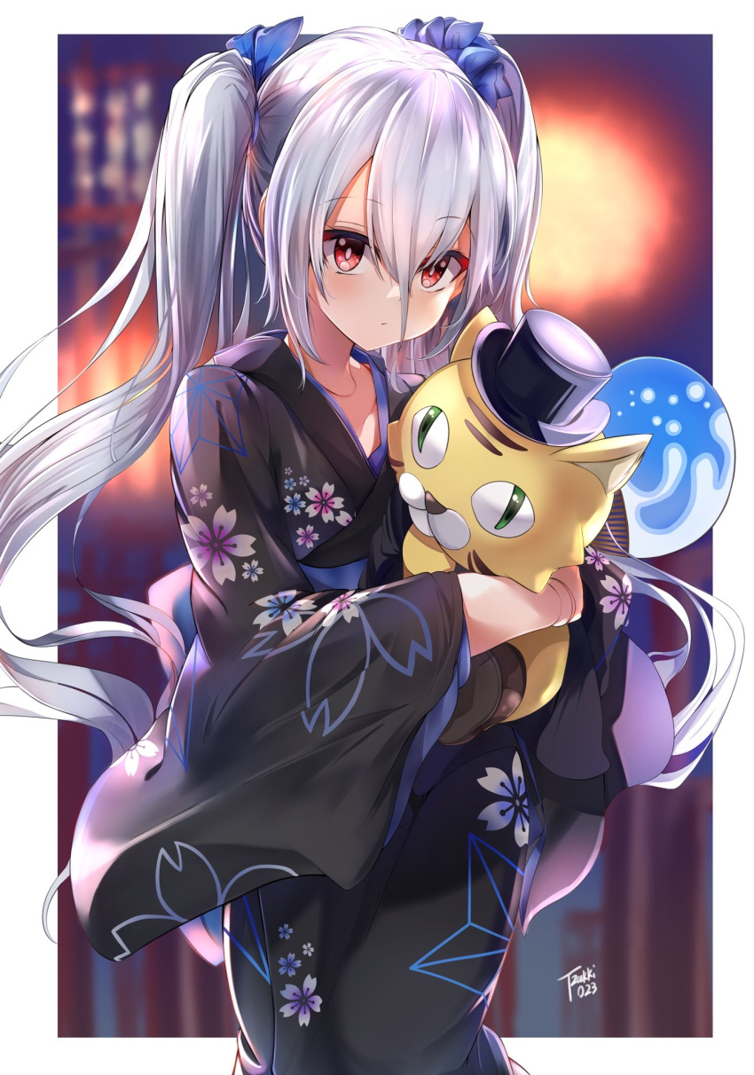 1girl, bangs, black_headwear, black_kimono, blue_ribbon, blurry, blurry_background, commentary_request