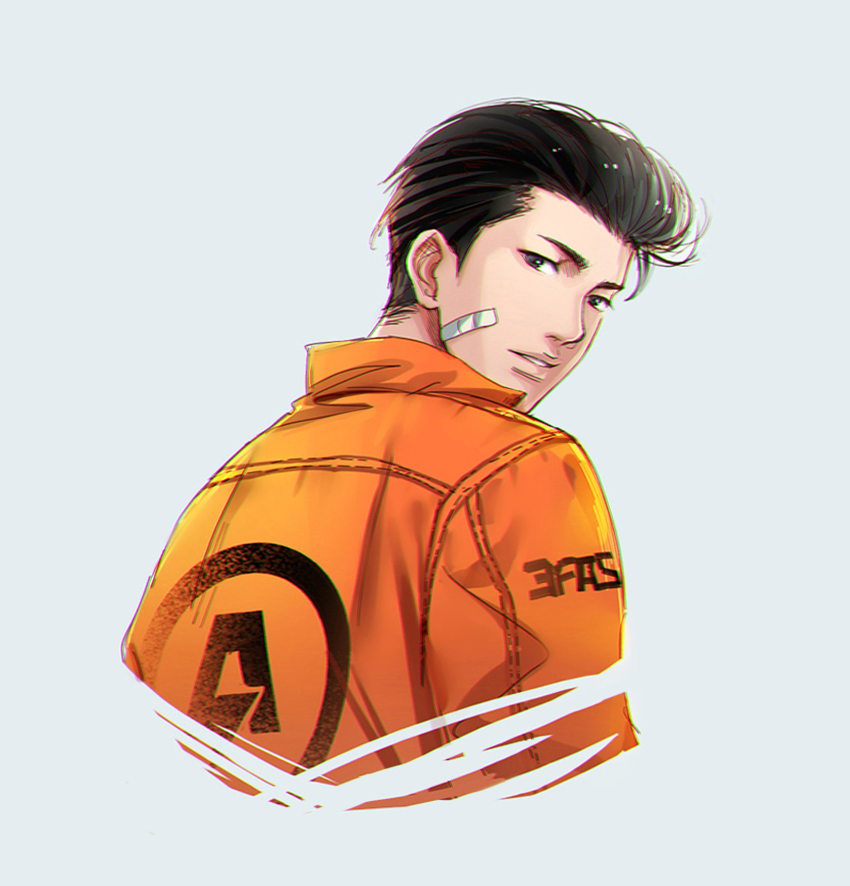 1boy, bandaid, bandaid_on_face, black_eyes, black_hair, clothes_writing, commentary_request, cropped_torso