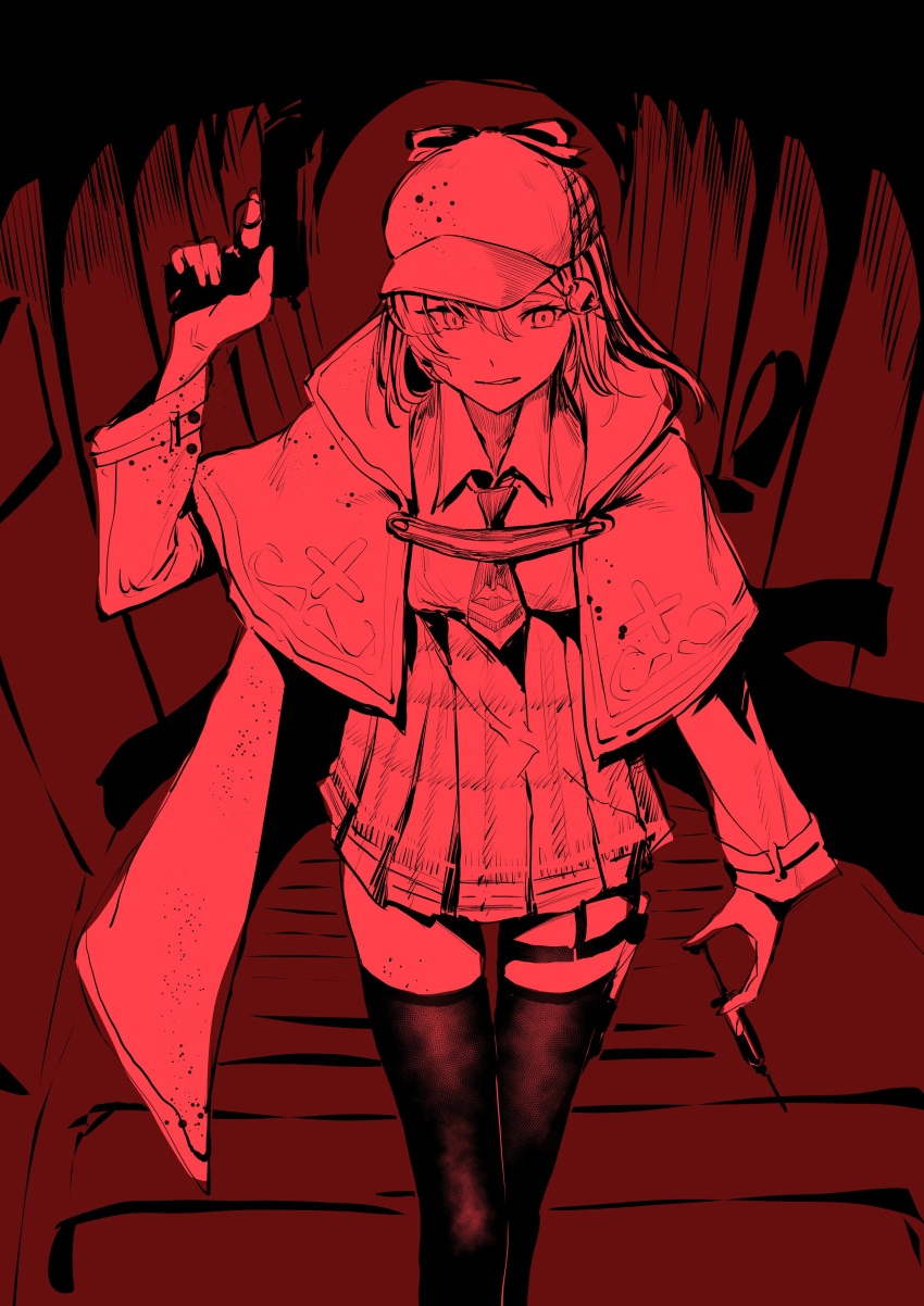 1girl, absurdres, arm_at_side, black_legwear, cape, capelet, cowboy_shot, evil