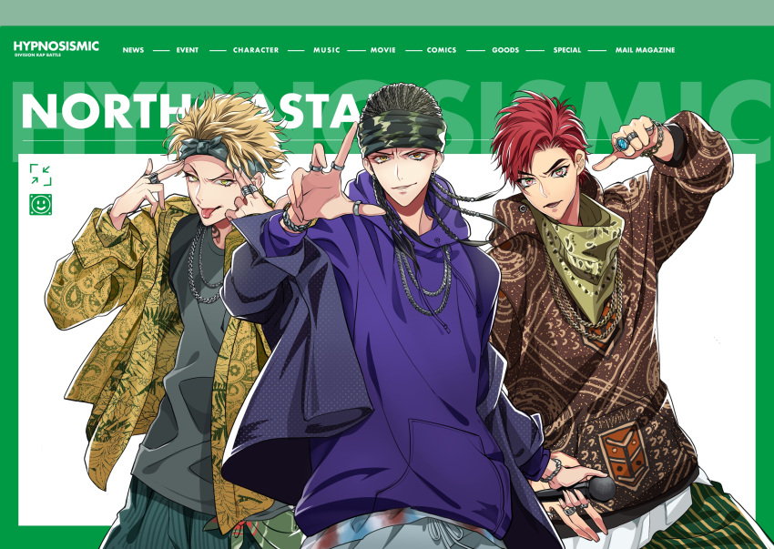 3boys, black_hair, blonde_hair, bracelet, braid, chain_necklace, cornrows, douan_kazusato