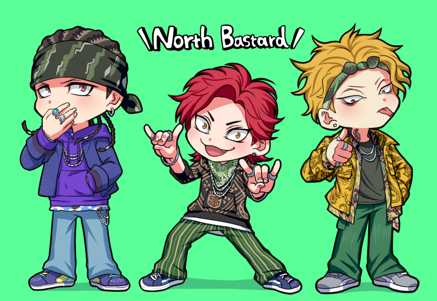 3boys, bandana, braid, chibi, cornrows, douan_kazusato, earrings, fang
