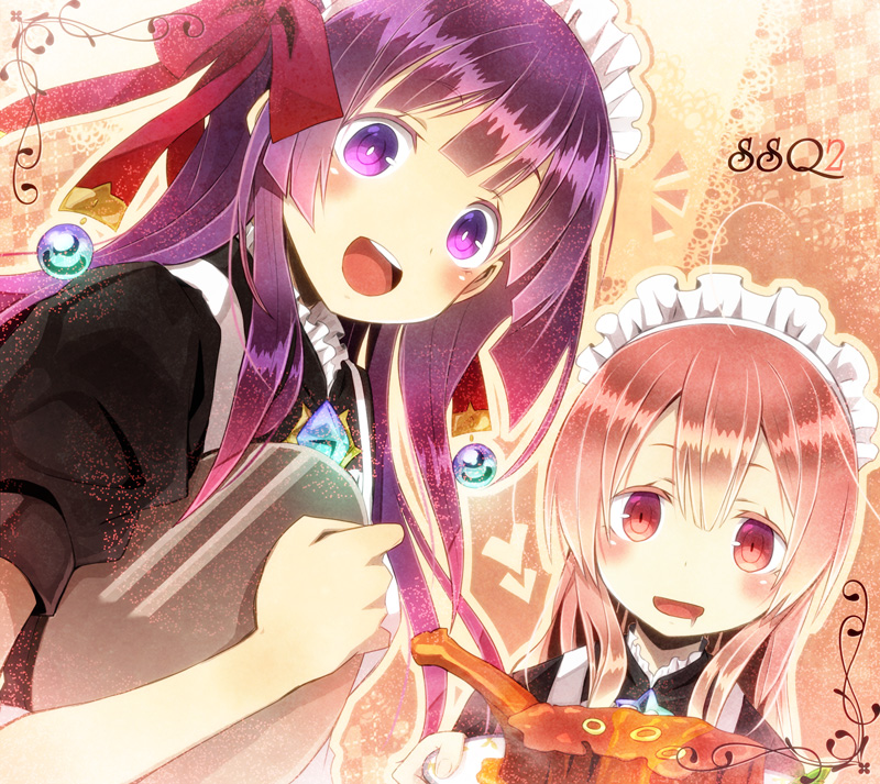 2girls, :d, alternate_costume, arianna_(sekaiju), artist_request, chloe_(sekaiju), drooling, dutch_angle