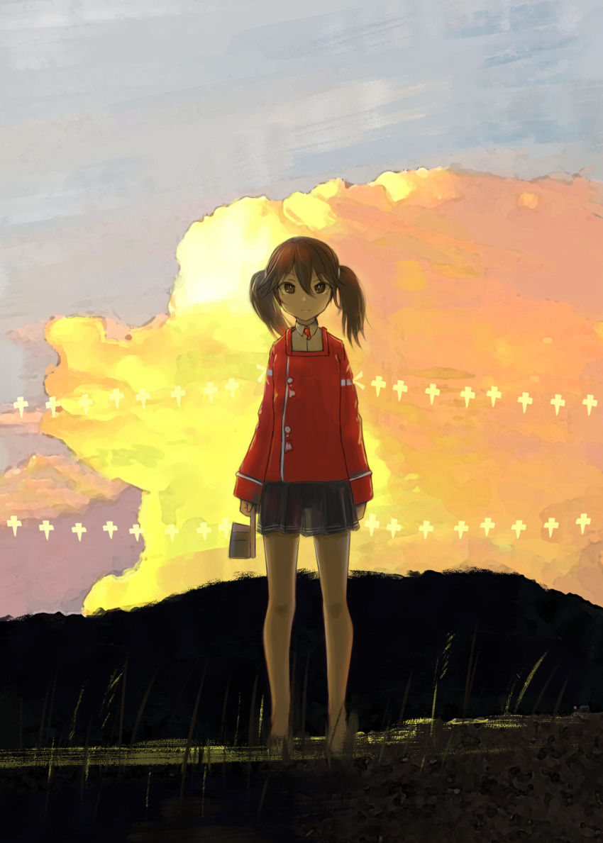 1girl, bangs, black_skirt, brown_eyes, brown_hair, closed_mouth, clouds, hair_between_eyes