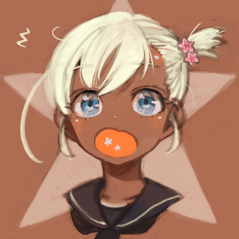 1girl, alternate_hair_length, alternate_hairstyle, black_sailor_collar, blonde_hair, blue_eyes, brown_background, dark_skin, fujinozu, kantai_collection, looking_at_viewer, open_mouth, ro-500_(kantai_collection), sailor_collar, short_hair, side_ponytail, solo, star_in_mouth, starry_background, tan, upper_body