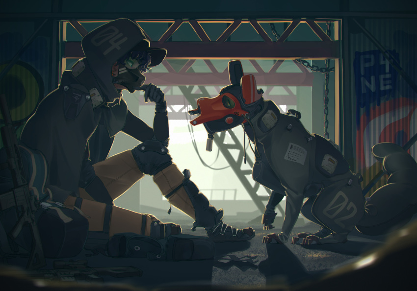 1boy, absurdres, androgynous, animal, assault_rifle, black_hair, blue_eyes, cloak