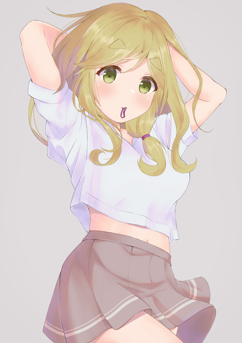 1girl, absurdres, arms_behind_head, blonde_hair, eyebrows_visible_through_hair, file112056, green_eyes, hair_down