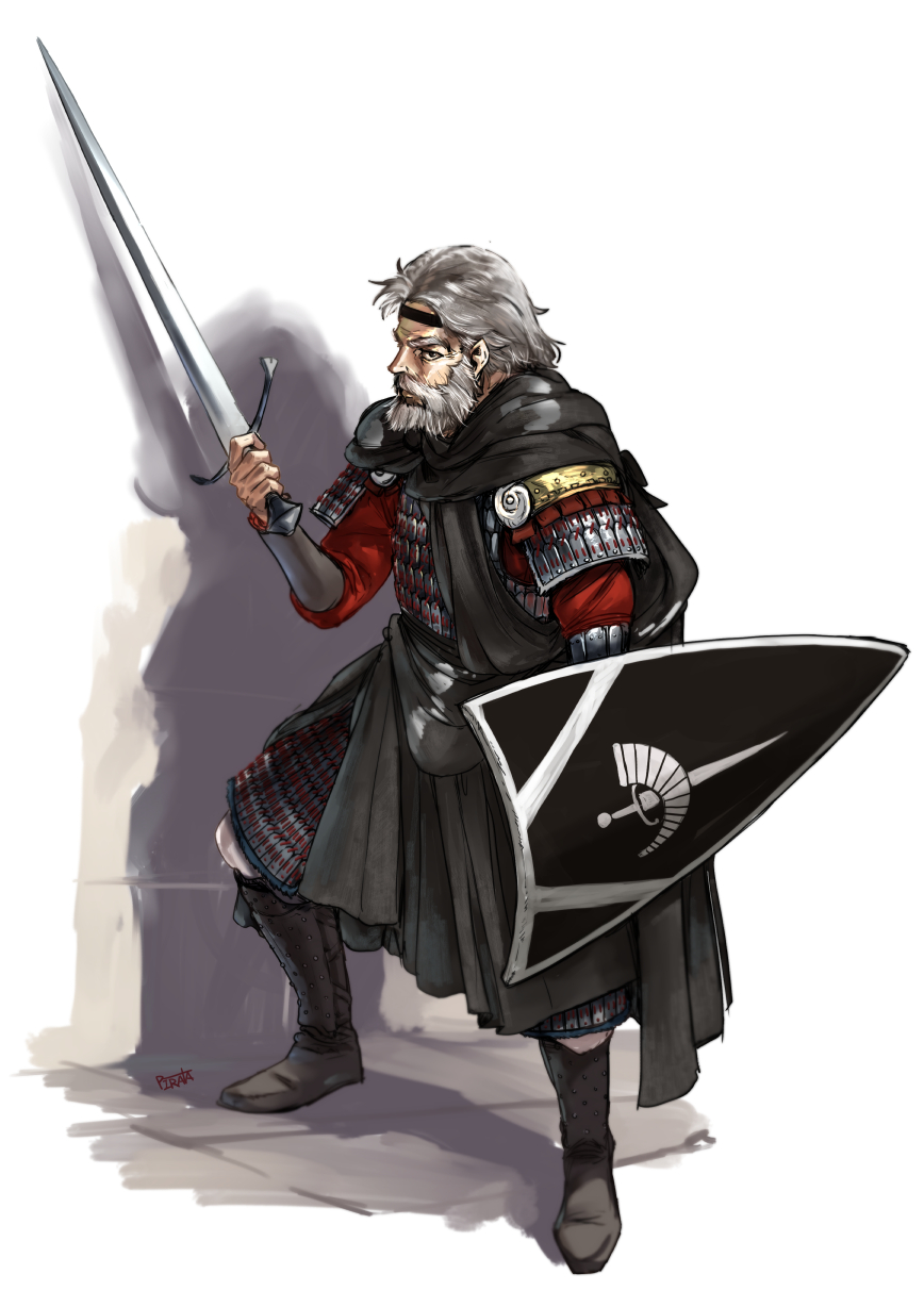 1boy, armor, beard, commentary, english_commentary, facial_hair, full_body, grey_hair