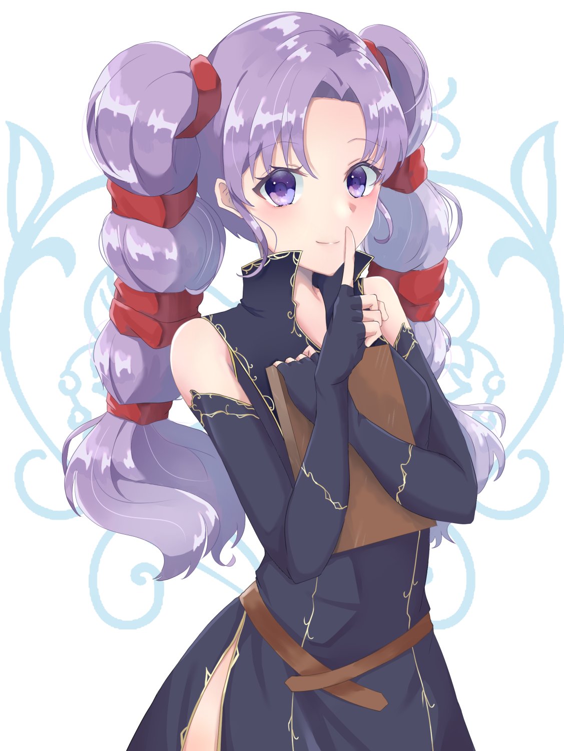 1girl, artist_request, book, drill_hair, elbow_gloves, finger_to_mouth, fire_emblem, fire_emblem:_genealogy_of_the_holy_war, gloves, highres, holding, holding_book, looking_at_viewer, purple_hair, smile, solo, tine_(fire_emblem), twin_drills, violet_eyes