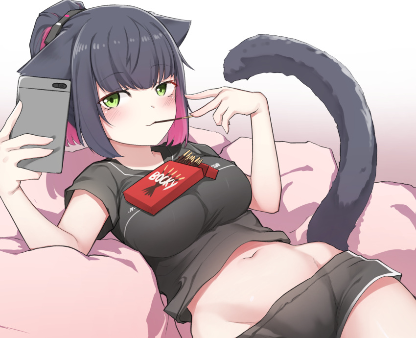 1girl, animal_ears, arknights, black_hair, black_shirt, black_shorts, breasts, cat_ears