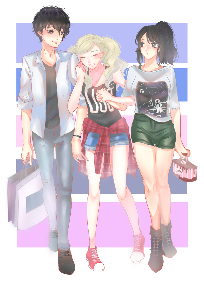 1boy, 2girls, amamiya_ren, bag, black_hair, blonde_hair, blue_eyes, closed_eyes, denim, guririries, jeans, lowres, multiple_girls, pants, persona, persona_5, red_footwear, shirt, shorts, smile, suzui_shiho, takamaki_anne