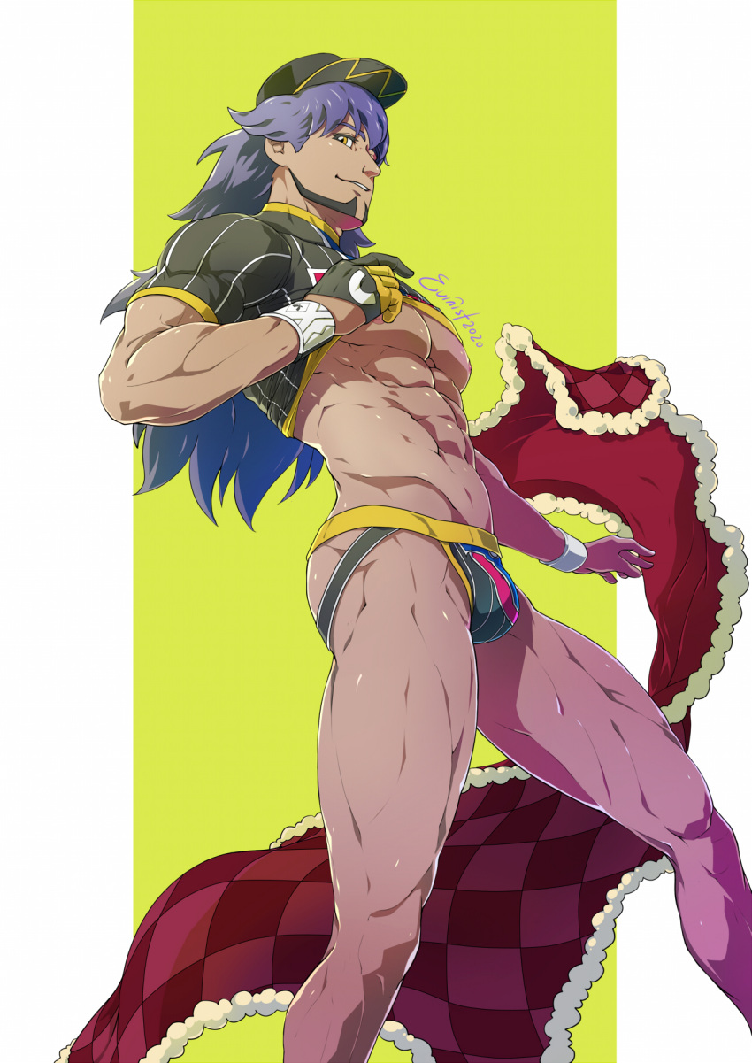 1boy, abs, ass, bangs, bara, bare_chest, baseball_cap, black_headwear