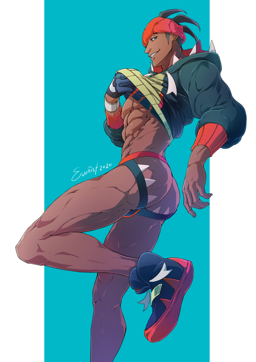 1boy, abs, ass, bara, black_hair, black_hoodie, black_male_underwear, dark_skin