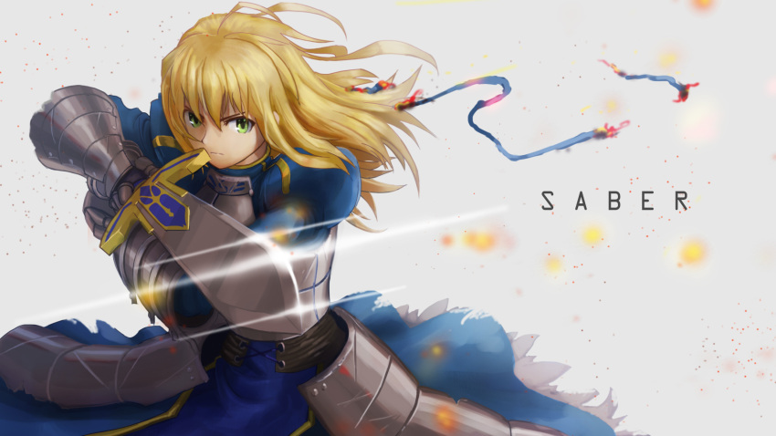 1girl, ahoge, armor, armored_dress, artoria_pendragon_(all), bangs, blonde_hair, blue_ribbon