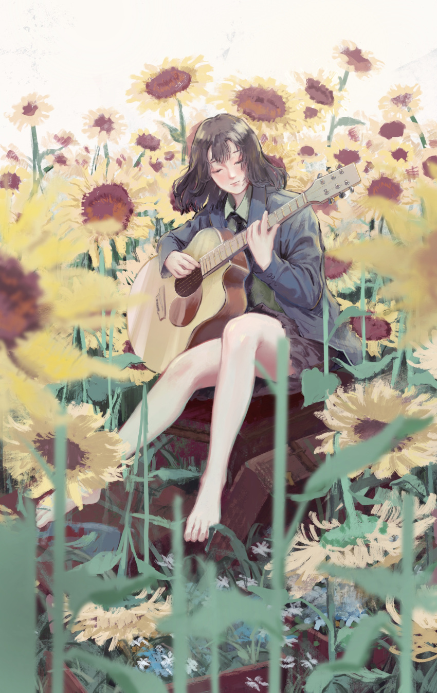 1girl, absurdres, acoustic_guitar, bare_legs, barefoot, brown_hair, closed_eyes, flower