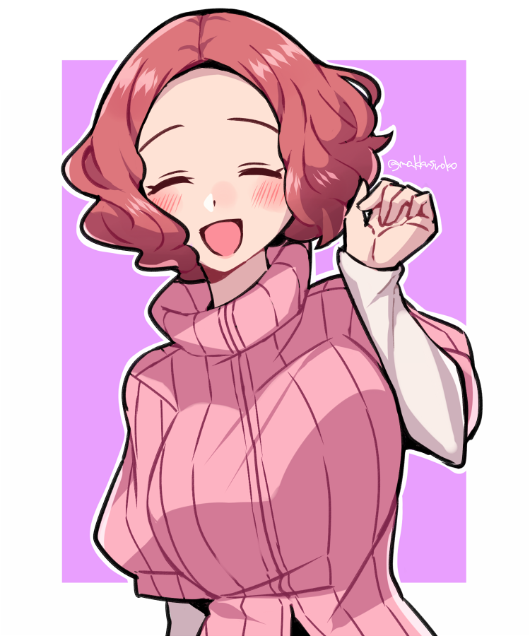 1girl, :d, ^_^, atlus, blush, brown_hair, closed_eyes, commentary, cute, do_m_kaeru, long_sleeves, megami_tensei, moe, okumura_haru, open_mouth, p-studio, persona, persona_5, pink_sweater, ribbed_sweater, sega, shin_megami_tensei, short_over_long_sleeves, short_sleeve_sweater, short_sleeves, smile, solo, sweater, turtleneck, twitter_username, upper_body