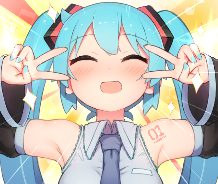 1girl, :d, ^_^, abmayo, aqua_hair, armpits, bangs, bare_shoulders