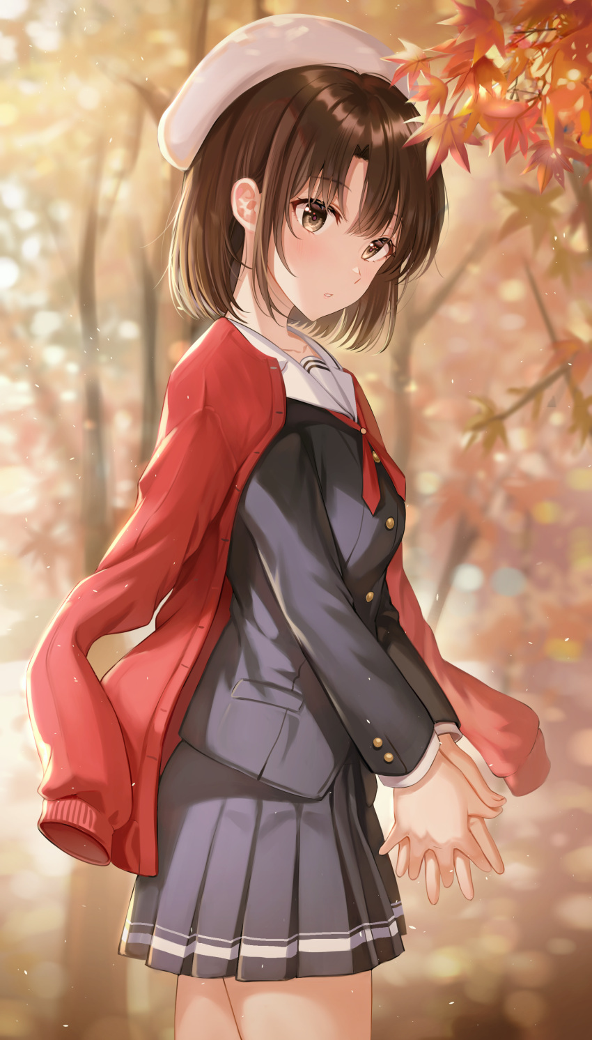 1girl, absurdres, autumn, autumn_leaves, bangs, beret, blurry, blurry_background