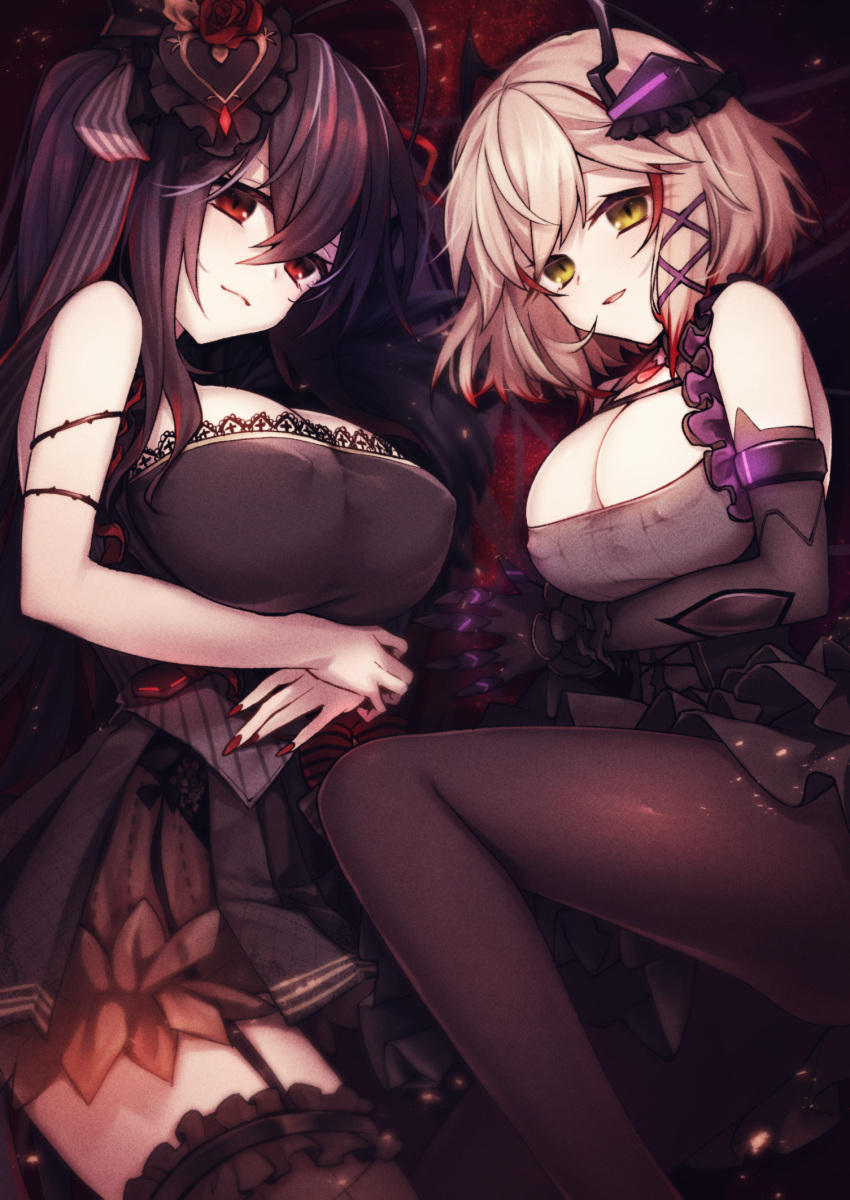 2girls, ahoge, azur_lane, bangs, bare_shoulders, black_dress, black_hair, black_legwear, blonde_hair, breasts, commentary_request, covered_nipples, dress, garter_straps, hair_ornament, hair_ribbon, headgear, highres, large_breasts, long_hair, looking_at_viewer, multicolored_hair, multiple_girls, nail_polish, noko, pantyhose, red_eyes, red_nails, red_ribbon, redhead, ribbon, roon_(azur_lane), roon_(muse)_(azur_lane), short_hair, sidelocks, smile, streaked_hair, taihou_(azur_lane), taihou_(muse)_(azur_lane), thigh-highs, twintails, very_long_hair, yellow_eyes