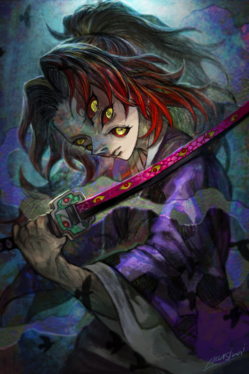1boy, closed_mouth, extra_eyes, high_ponytail, highres, holding, holding_sword, holding_weapon