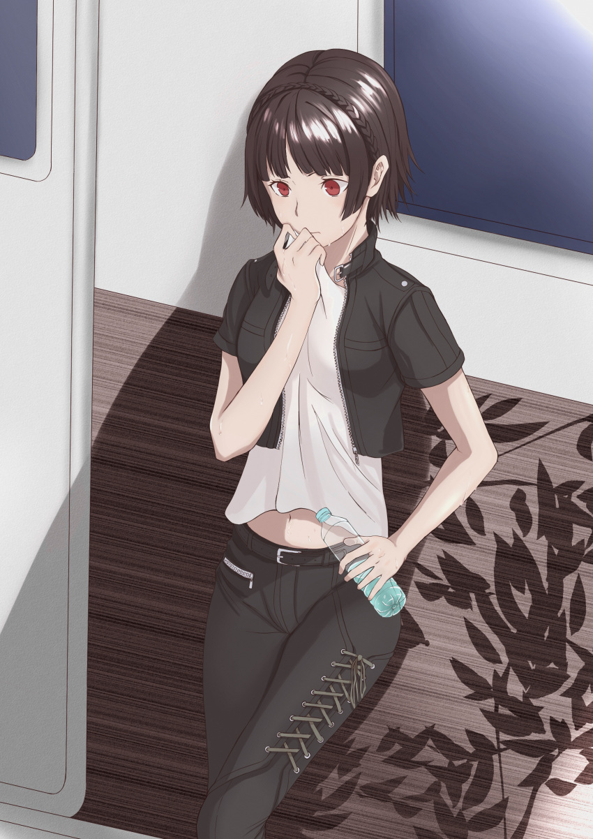 1girl, absurdres, bangs, black_jacket, black_pants, blunt_bangs, bottle, braid, brown_hair, crown_braid, highres, holding, holding_bottle, jacket, leaning_back, midriff, navel, niijima_makoto, open_clothes, open_jacket, pants, persona, persona_5, red_eyes, s-m-53413, shiny, shiny_hair, shirt, short_hair, short_sleeves, solo, standing, stomach, train_interior, unzipped, water_bottle, white_shirt, zipper