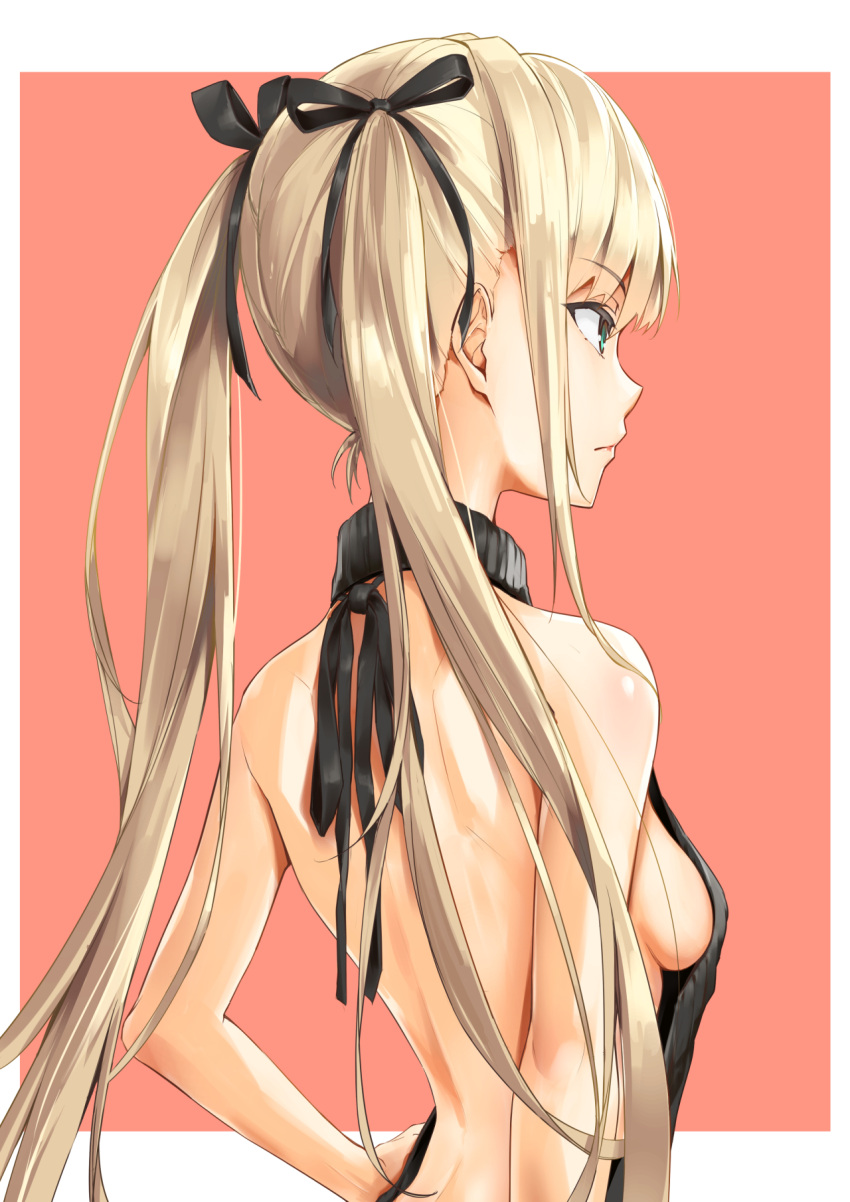 1girl, backless_outfit, bitterpain, black_ribbon, black_sweater, blonde_hair, blue_eyes, border