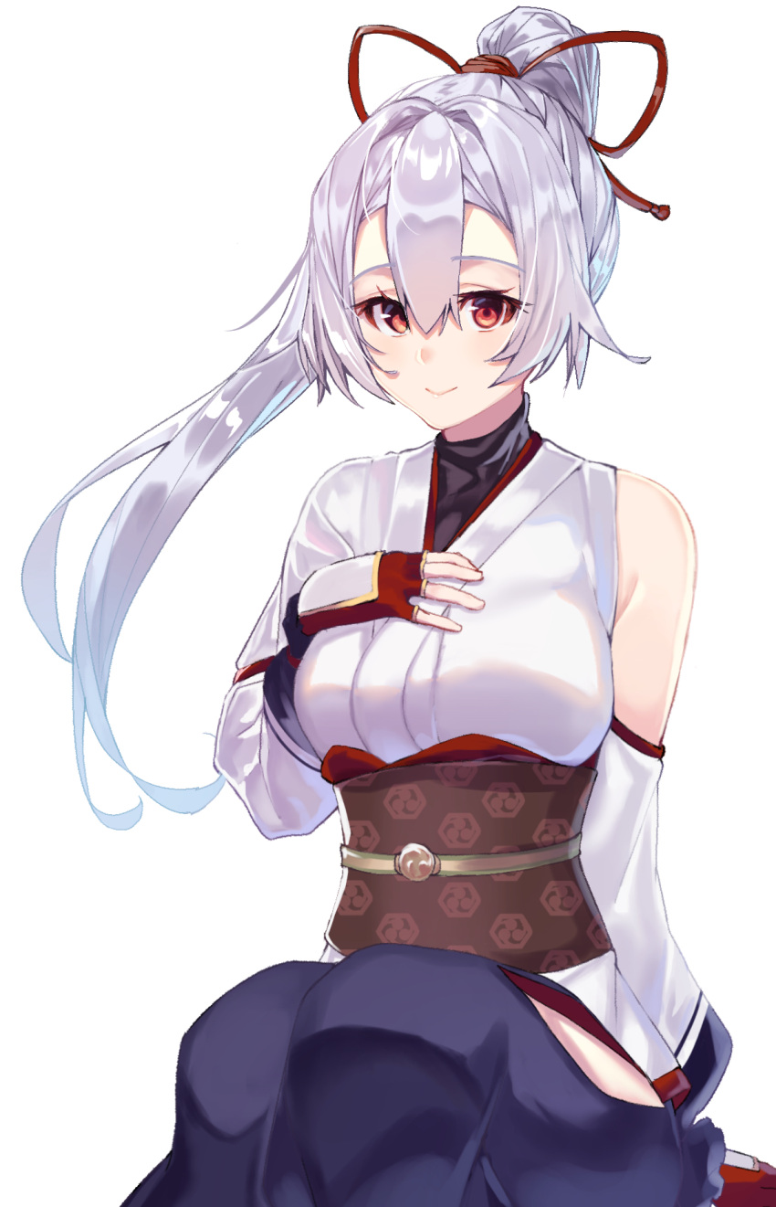 1girl, bangs, blue_hakama, blush, breasts, chip_le_cree, detached_sleeves, fate/grand_order