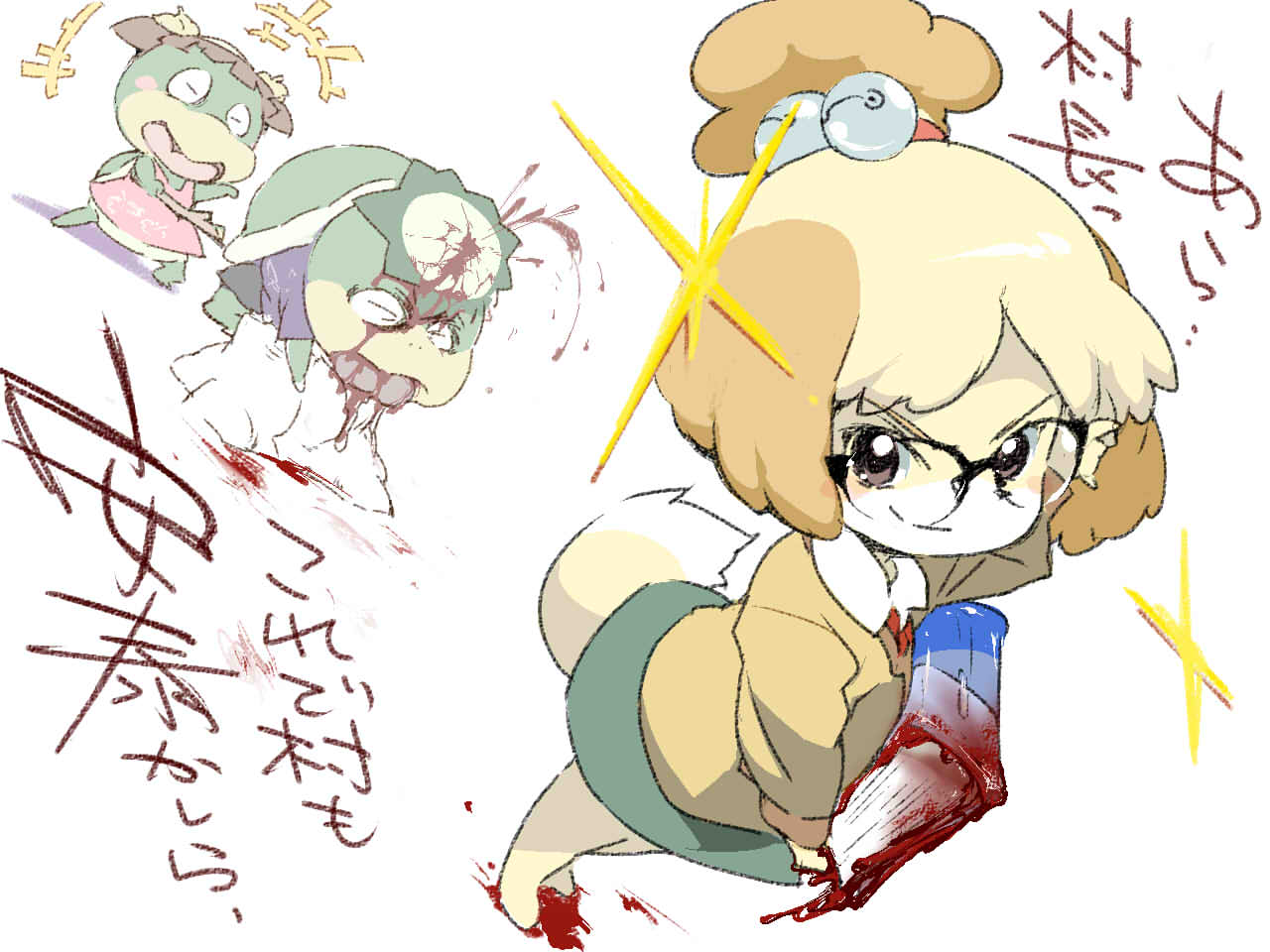 1boy, 2girls, adjusting_eyewear, animal_crossing, animal_ears, arm_up, bangs, barefoot, bell, black-framed_eyewear, blonde_hair, blood, blood_from_mouth, blue_shirt, blush_stickers, brown_eyes, brown_hair, closed_eyes, closed_mouth, commentary_request, dog_ears, dog_girl, dog_tail, dress, dutch_angle, flat_chest, full_body, furry, glasses, glint, green_shorts, green_skirt, hair_bell, hair_ornament, hair_tie, happy, holding, injury, isabelle_(animal_crossing), jingle_bell, jpeg_artifacts, kapp'n_(animal_crossing), leila_(animal_crossing), long_sleeves, looking_at_viewer, lying, medaka_ken'ichi, miniskirt, multiple_girls, neck_ribbon, on_stomach, open_mouth, outstretched_arm, pink_dress, red_neckwear, ribbon, rock, shell, shiny, shiny_hair, shirt, short_hair, short_sleeves, shorts, sideways_mouth, simple_background, skirt, sleeveless, sleeveless_dress, smile, solo_focus, standing, stick, sweater, tail, tied_hair, topknot, translation_request, twintails, v-shaped_eyebrows, white_background, white_shirt, yellow_sweater