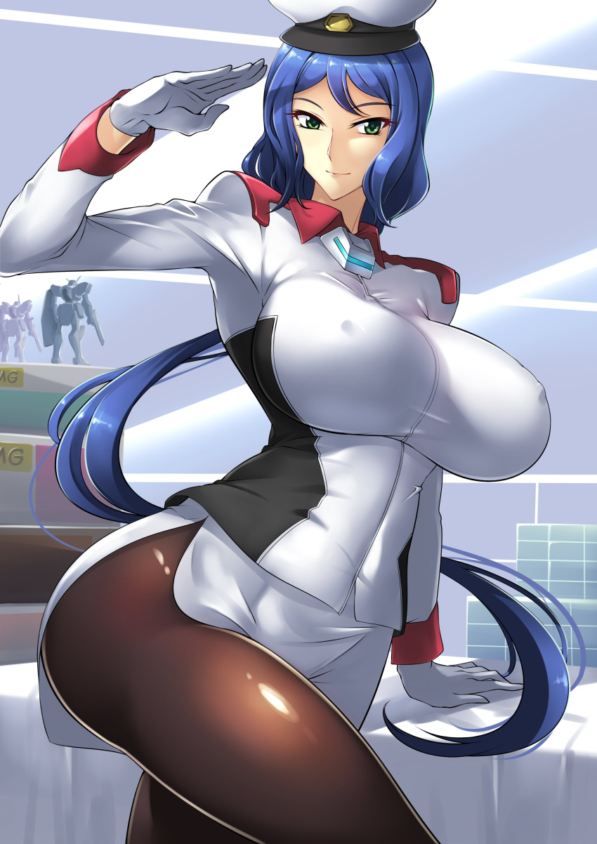 1girl, absurdres, blue_hair, breasts, cosplay, covered_nipples, gloves, green_eyes, gundam, gundam_build_divers, gundam_seed, haganef, hat, highres, iori_rinko, large_breasts, leggings, military, military_uniform, murrue_ramius, murrue_ramius_(cosplay), salute, solo, uniform, white_gloves