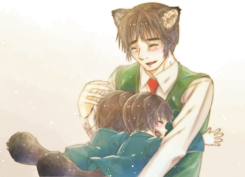 3boys, animal_crossing, animal_ears, aqua_jacket, arm_up, bangs, blush, brown_background