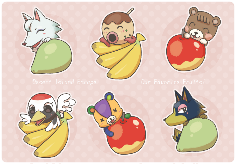 3boys, 3girls, :3, animal_crossing, animal_ears, apple, banana, bangs