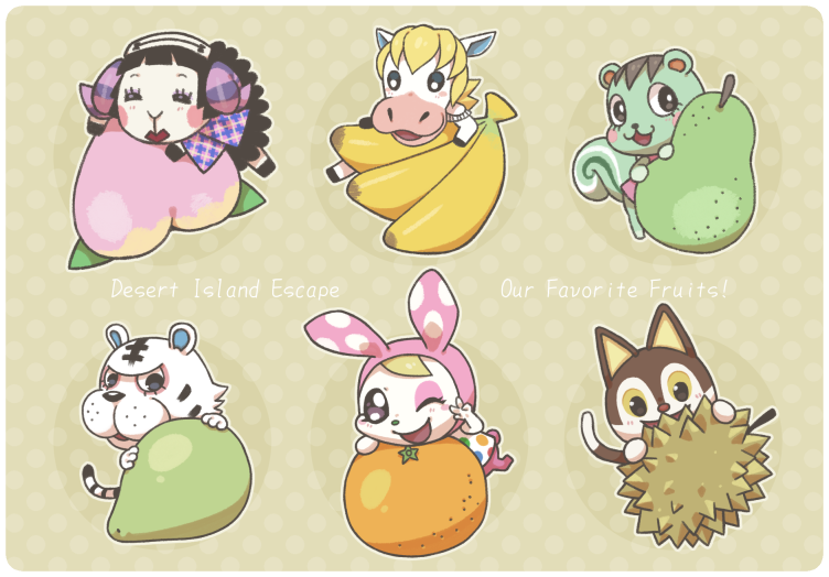 3boys, 3girls, :3, animal_crossing, animal_ears, banana, bangs, black_eyes