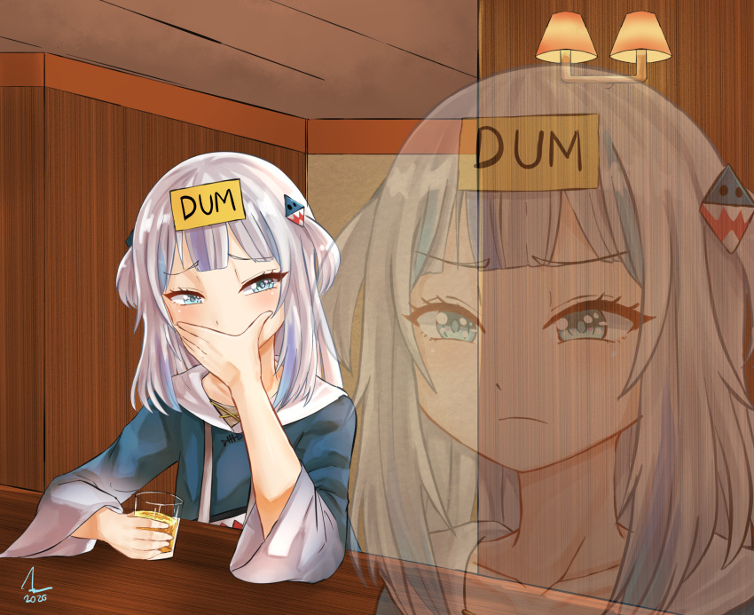 1girl, absurdres, animal_costume, bangs, bar, blue_eyes, blue_hair, blue_hoodie