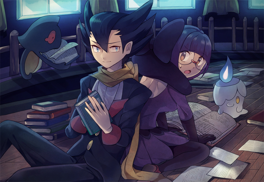 1boy, 1girl, back-to-back, bangs, black_hair, black_pants, blue_eyes, book