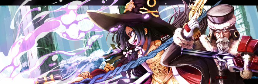 1boy, 1girl, artelinde_(sekaiju), beard, black_hair, dual_wielding, facial_hair, forest
