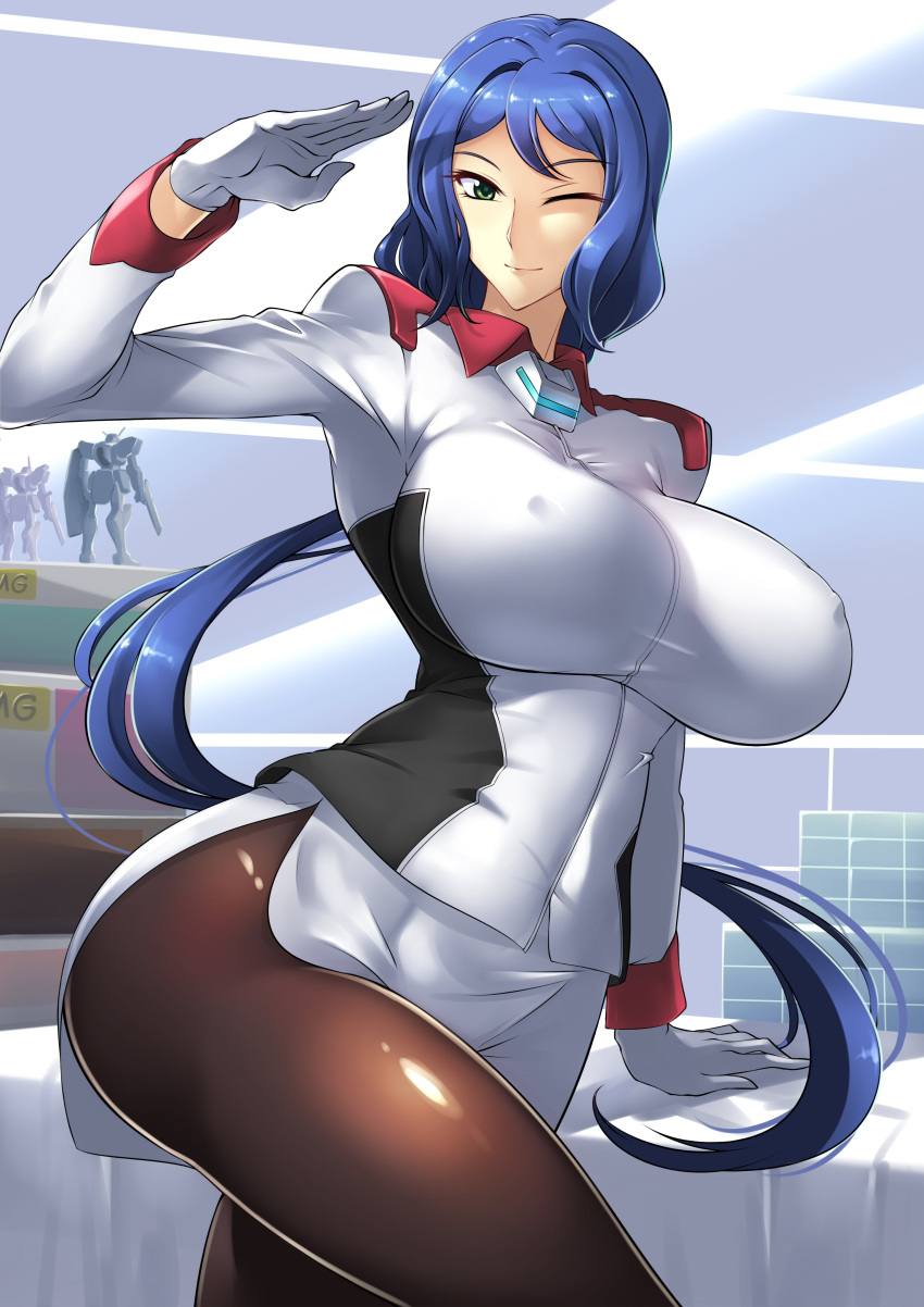 1girl, absurdres, blue_hair, breasts, cosplay, covered_nipples, gloves, green_eyes