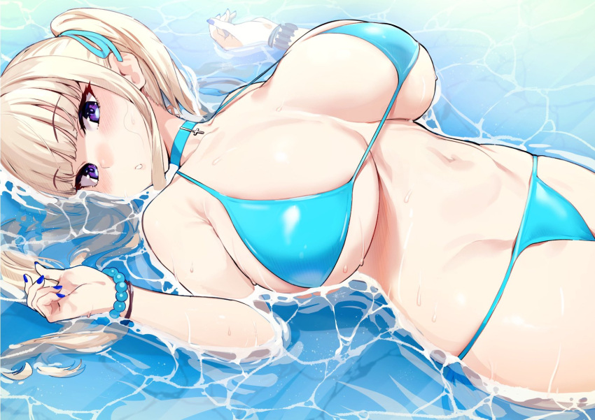 1girl, :o, bangs, bare_shoulders, bead_bracelet, beads, bikini, blonde_hair, blue_bikini, blue_nails, blunt_bangs, blush, borrowed_character, bracelet, breasts, breasts_day, choker, collarbone, commentary_request, duplicate, eyebrows_visible_through_hair, hair_ribbon, highres, huge_breasts, iku_(ikuchan_kaoru), jewelry, light_blonde_haired_girl_(michihasu), long_hair, looking_at_viewer, lying, nail_polish, navel, on_back, original, partially_submerged, ribbon, sidelocks, skindentation, solo, string_bikini, swimsuit, thighs, twintails, violet_eyes, water, wet