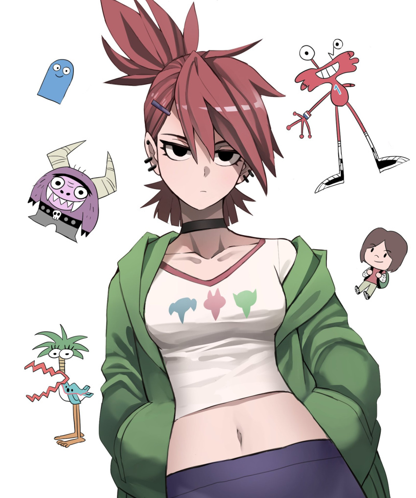 1boy, 1girl, 4others, black_eyes, blooregard_q_kazoo, breasts, brown_hair, closed_mouth